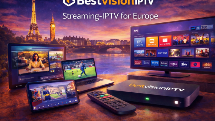 Bestvision IPTV streaming service for Europe displayed on smart TV, IPTV box, laptop, and mobile devices with live TV, sports, movies, and series