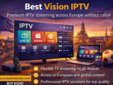 Best Vision IPTV streaming service displayed on smart TV, laptop and smartphone with live TV, series and movies, showcasing premium IPTV entertainment across Europe without cable