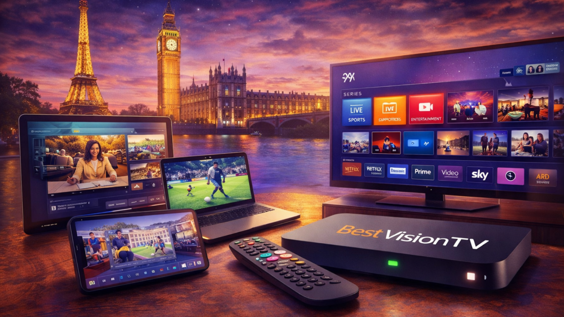 Best Vision TV IPTV streaming service displayed on smart TV, laptop, tablet, and mobile devices with live TV, movies, and series across Europe