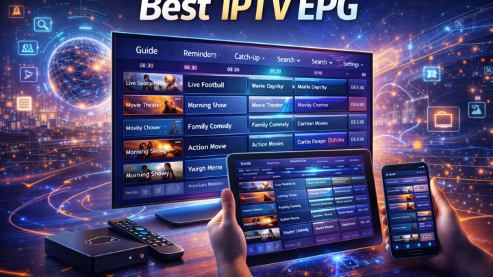 best iptv epg interface showing electronic program guide on smart tv tablet and mobile