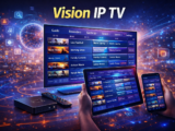 vision ip tv streaming platform displayed on smart tv tablet and smartphone with electronic program guide