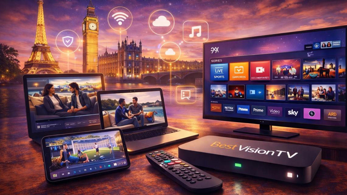 best vision IPTV streaming platform displayed on smart TV, laptop, tablet, and smartphone with live TV, movies, and series across Europe