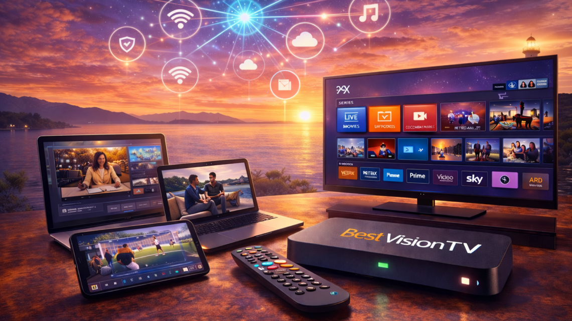 bestvisiontv IPTV streaming service displayed on smart TV, laptop, tablet, and smartphone with live TV, movies, and series across Europe