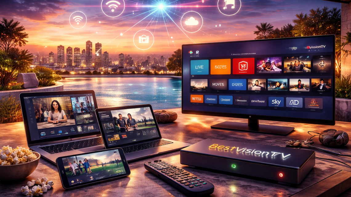 bestvisioniptv IPTV streaming setup with smart TV, laptop, tablet, and smartphone showing live TV, movies, and series on a modern digital background