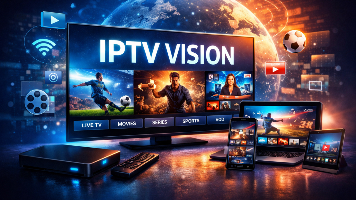 Modern IPTV Vision streaming setup showing live TV, movies, sports, and multi-device viewing on smart TV, laptop, tablet, and smartphone