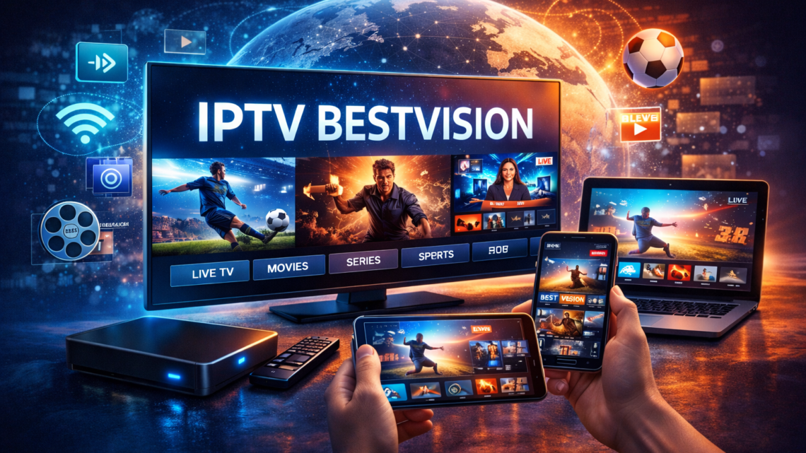 Digital illustration of IPTV BestVision streaming on smart TV, smartphone, tablet, and laptop with global entertainment content