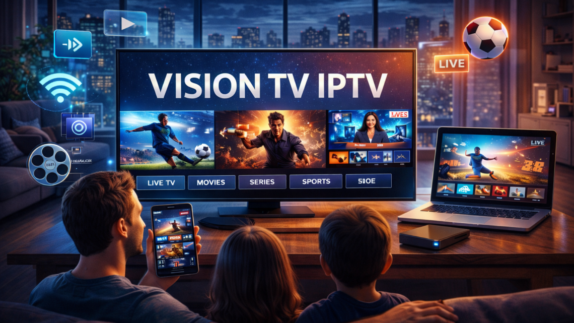 Home entertainment scene showing vision tv iptv streaming on television, laptop, and smartphone