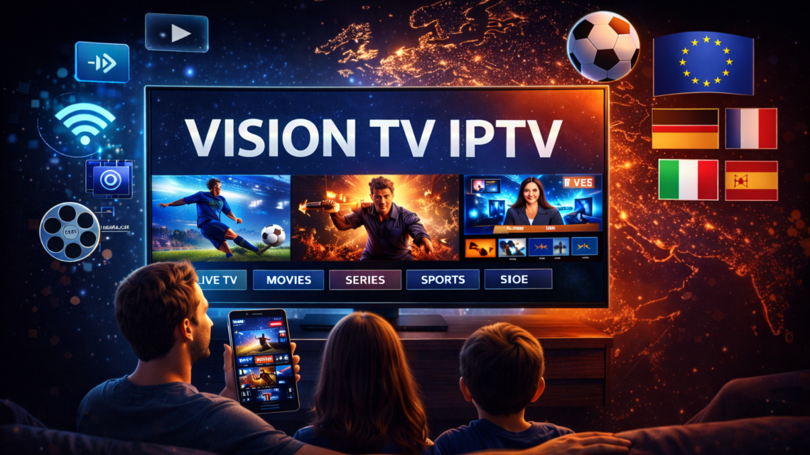Visiontv iptv streaming showing European TV channels with family viewing on a modern black design