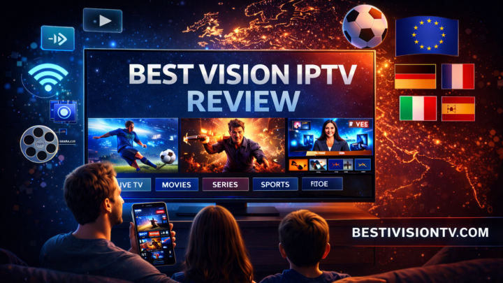 Family watching streaming content on a smart TV during a best vision iptv review with live TV, movies, and sports displayed