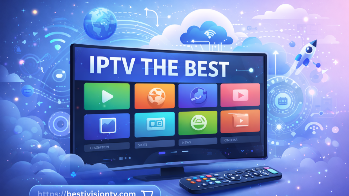 Modern digital illustration showing IPTV streaming on a smart TV with global icons and technology effects, highlighting why IPTV the best choice for modern television