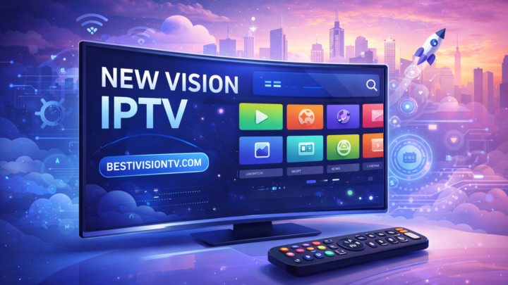 Modern illustration of New Vision IPTV on a smart TV with colorful channel icons, futuristic technology elements, and a city-style digital background