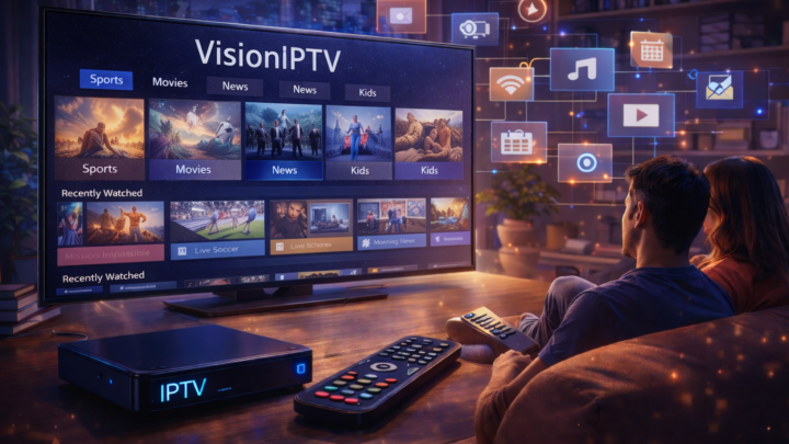3D illustration of a modern living room where a couple watches VisionIPTV on a smart TV, showing live TV categories like sports, movies, news, and kids with a smooth IPTV streaming interface