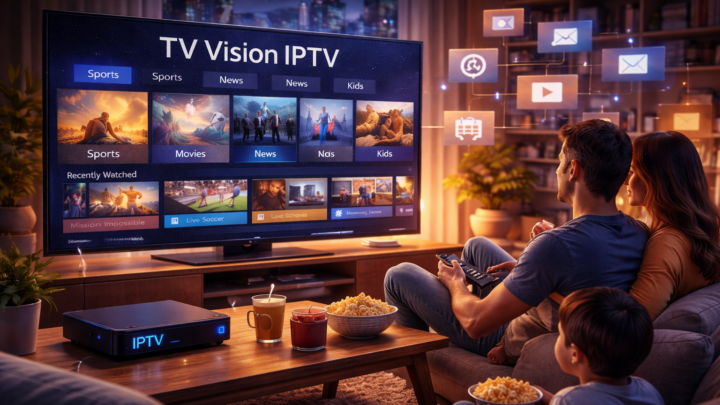 3D illustration of a family enjoying TV Vision IPTV in a cozy living room, watching live TV categories like sports, movies, and news on a smart television with modern IPTV streaming technology